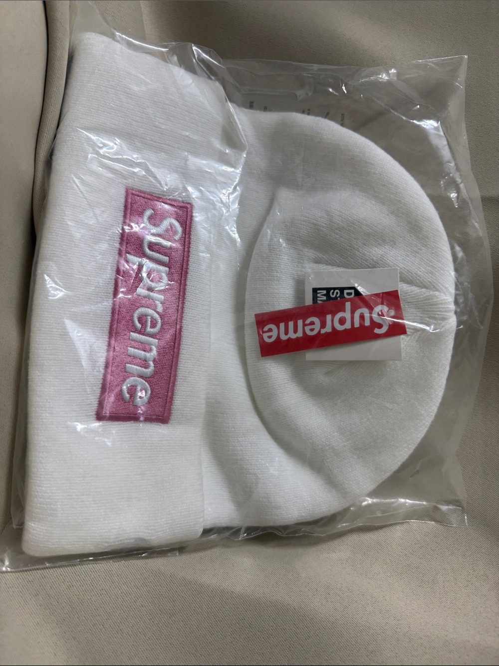 Adult Supreme White & Pink unisex Knit Beanie with Embroidered Logo
